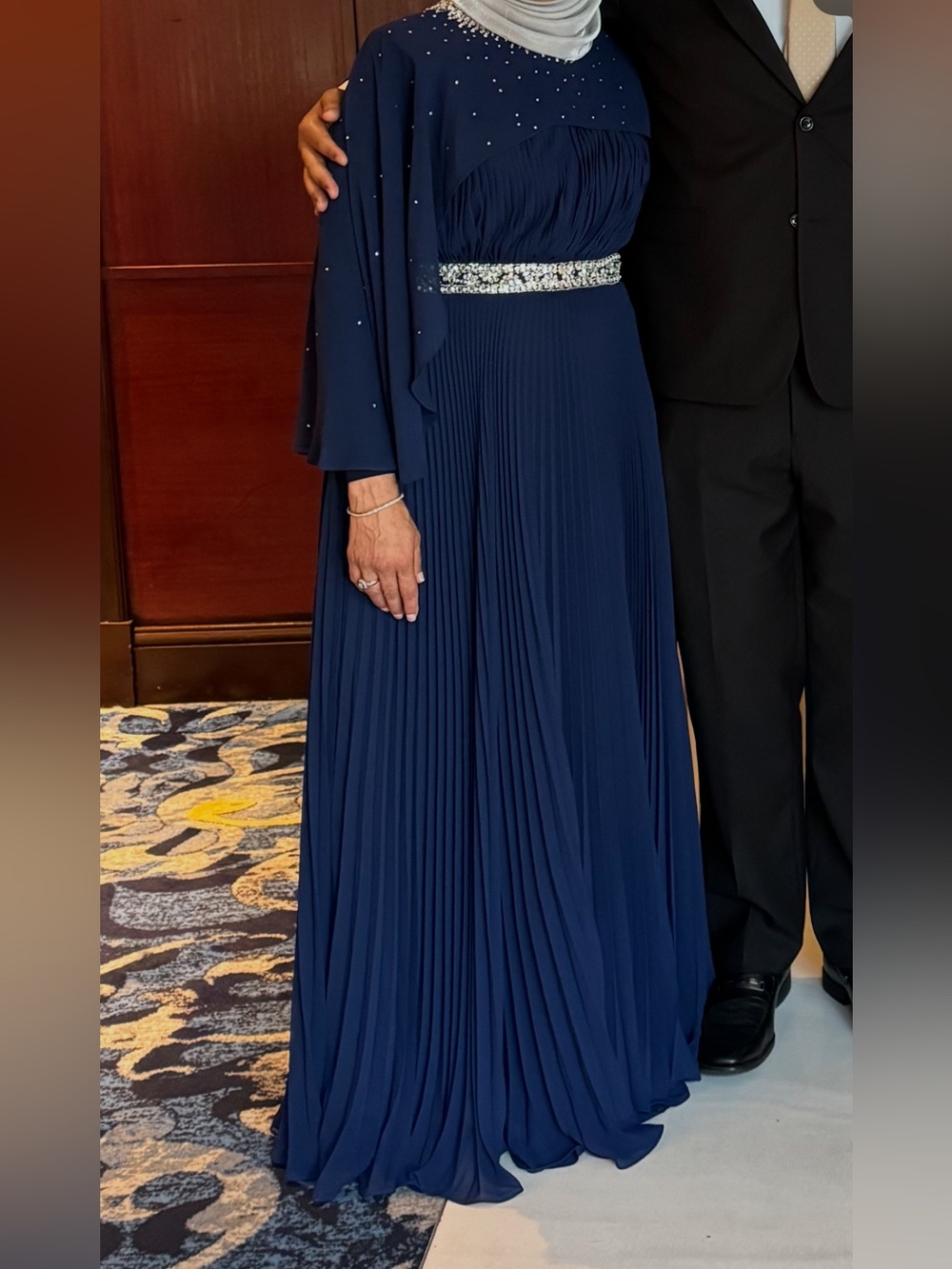 Navy Maxi Evening Dress with Crystal-Embellished Waist